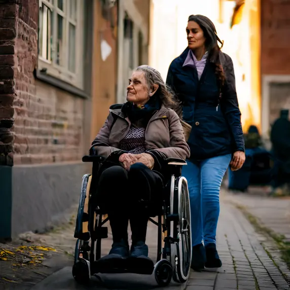A wheelchair user and caregiver walking in a street.