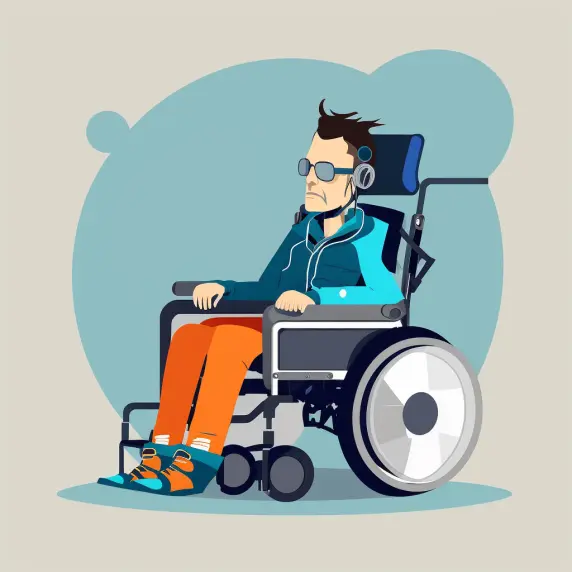 A person with cerebral palsy sitting in a lightweight reclining wheelchair.