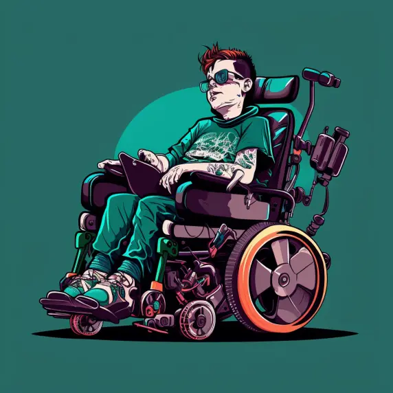 A person with muscular dystrophy sitting in a lightweight reclining wheelchair.