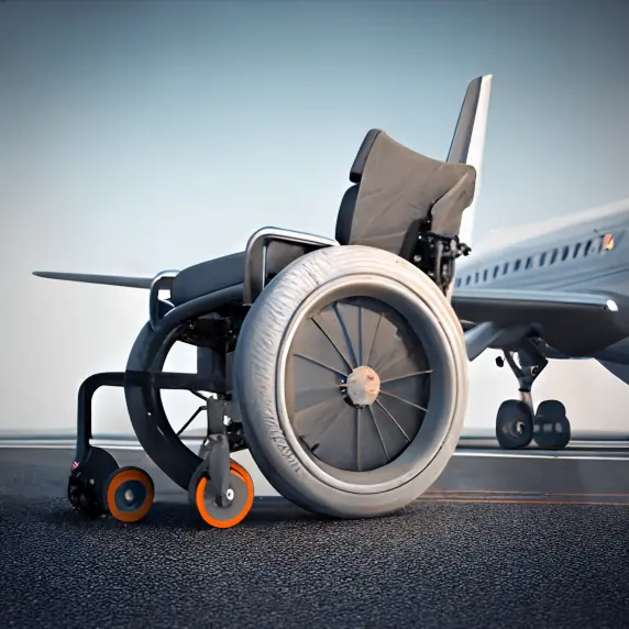 A quick release wheelchair standing in front of a plane